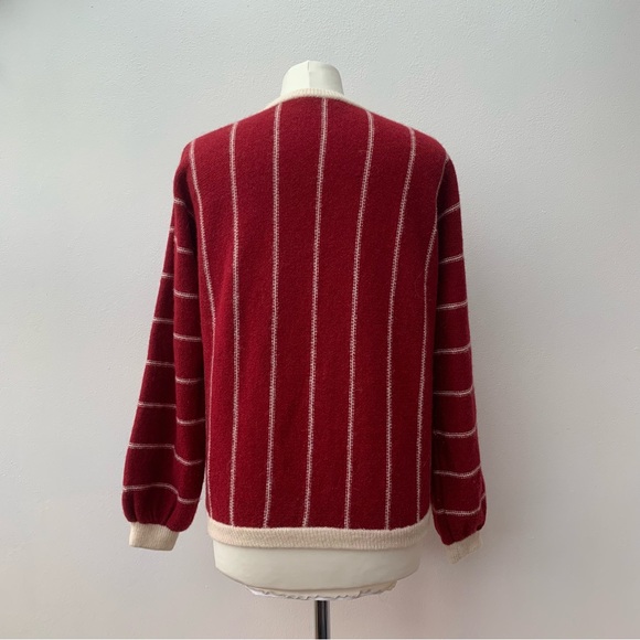Vintage Welsh Knit Ann Luffman Ladies Wool Cardigan Red Vertical Stripe Wood - Picture 8 of 8
